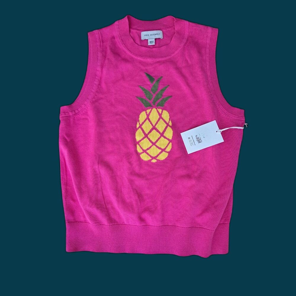 Free Assembly Women Pink Knit Sweater Vest Top Novelty Cotton Travel Tropical M